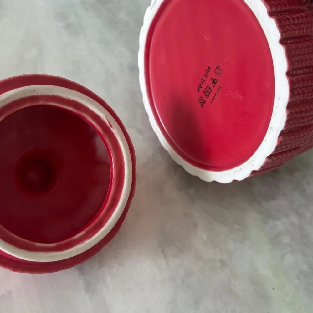 West Elm Red Knit-Patterned snow cap hot chocolate mug